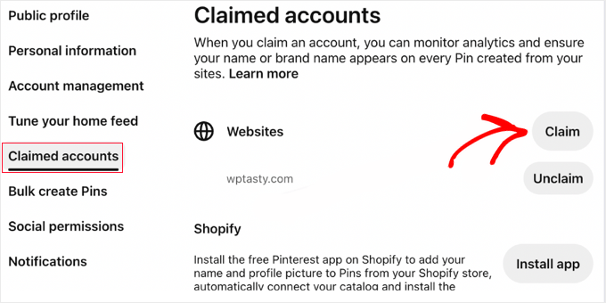 Подтверждение сайта на Pinterest