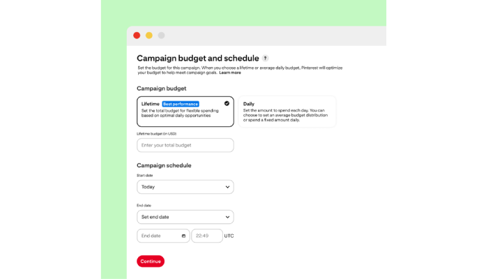 Настройка рекламного бюджета в Pinterest
